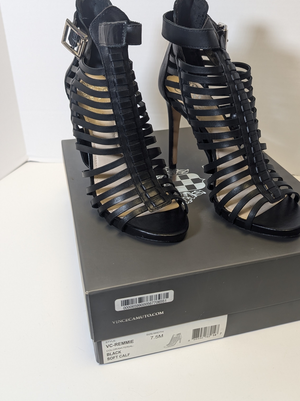 Vince Camuto Black Strappy Cage High-Heel Sandals with Ankle Buckle